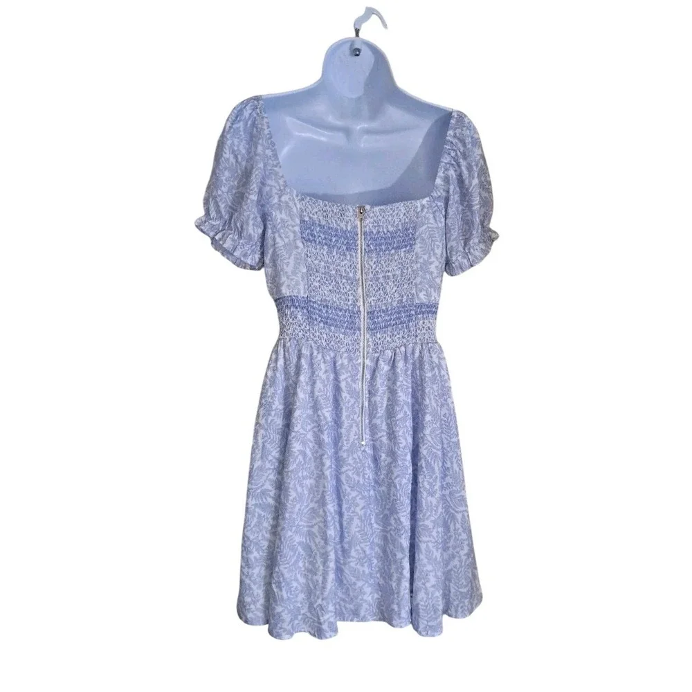 Lulus Mini Dress L Periwinkle Blue Print Puff Sleeve Sweetheart Neckline Smocked